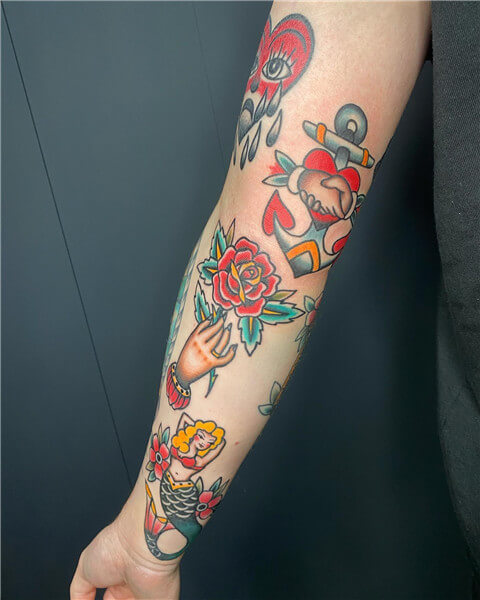 Patchwork sleeve completed by Wade Elder at Victory Blvd tattoo in  Asheville  rtattoos