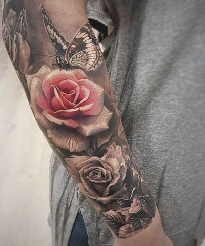 Rose And Butterfly Tattoo On Forearm