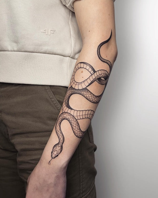 Lucy Duxbury Tattoos  Linework snake available for 150 Ideally to be done  as a wrap around arm piece like shown but open to other placements Inbox  to book in first come