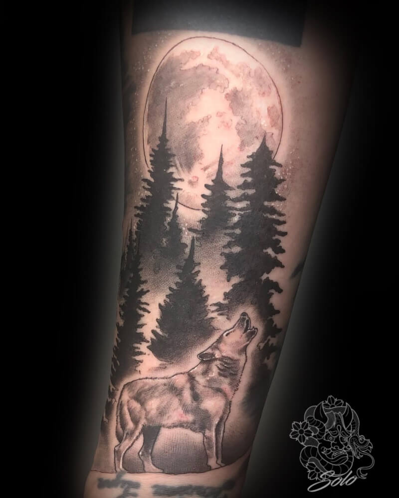 Wolf and Moon Tattoo