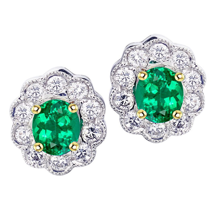 Halo Gemstone Studs Green Emerald Vintage Style Oval Cut
