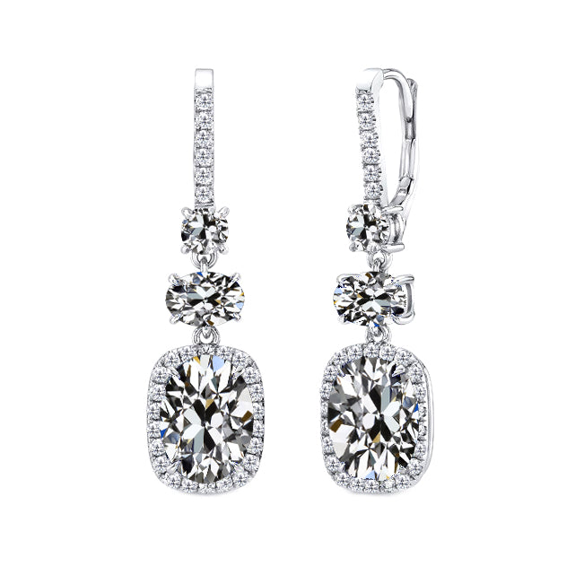 Halo Oval & Round Old Mine Cut Diamond Dangle Earrings 5.50 Carats