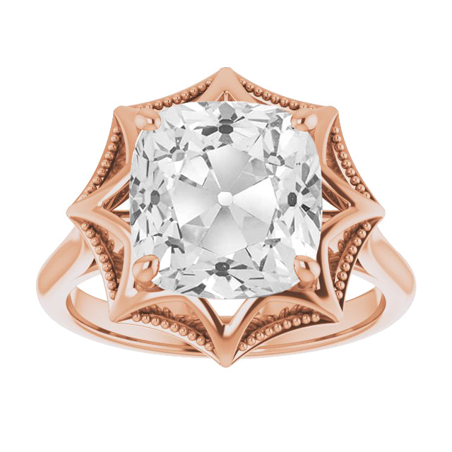 Rose Gold Cushion Old Cut Prong Set Diamond Ring 5 Carats