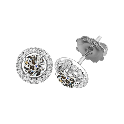 Round Diamond Halo Old Mine Cut Stud Earrings 4 Carats Gold Jewelry