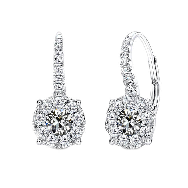 Round Halo Old Miner Diamond Dangle Earrings 3.50 Carats 14K Gold