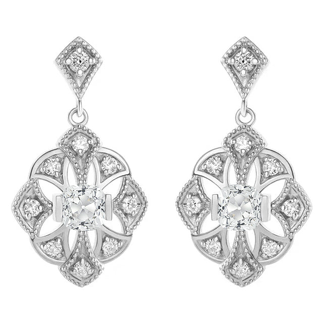 Womens Old Cut Cushion Diamond Halo Drop Earrings 5 Carats White Gold