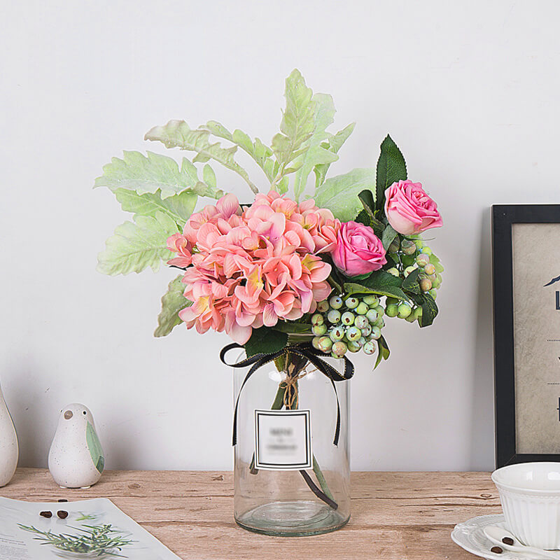 9 Roses + Hypericum Berries + Hydrangeas + Dusty Miller