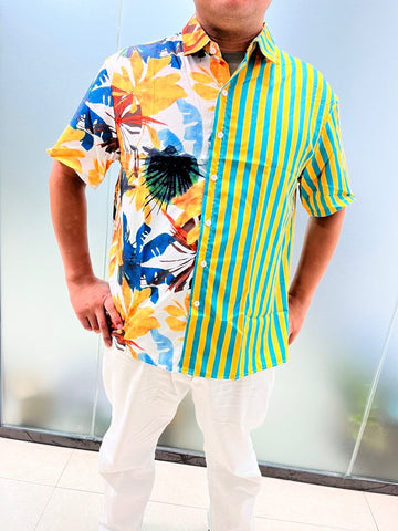 Men Tropical Leaf Colorful Stripe Mixed Print Short Sleeve Casual Shirts