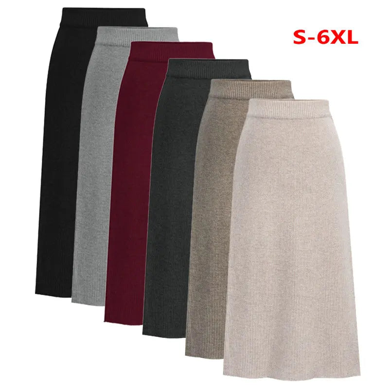 Oversized Women Knitted Skirt Autumn Winter Elastic High Waist Slim Back Open-Forked Plus Size Wool Sweater Skirts S-6XL