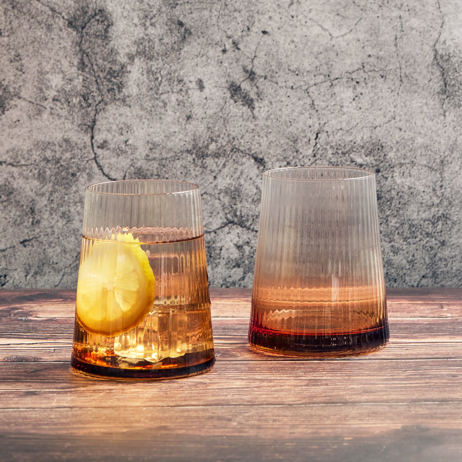 Anton Studio Designs Empire Amber Ribbed Double Old Fashioned Glasses, Set of 2