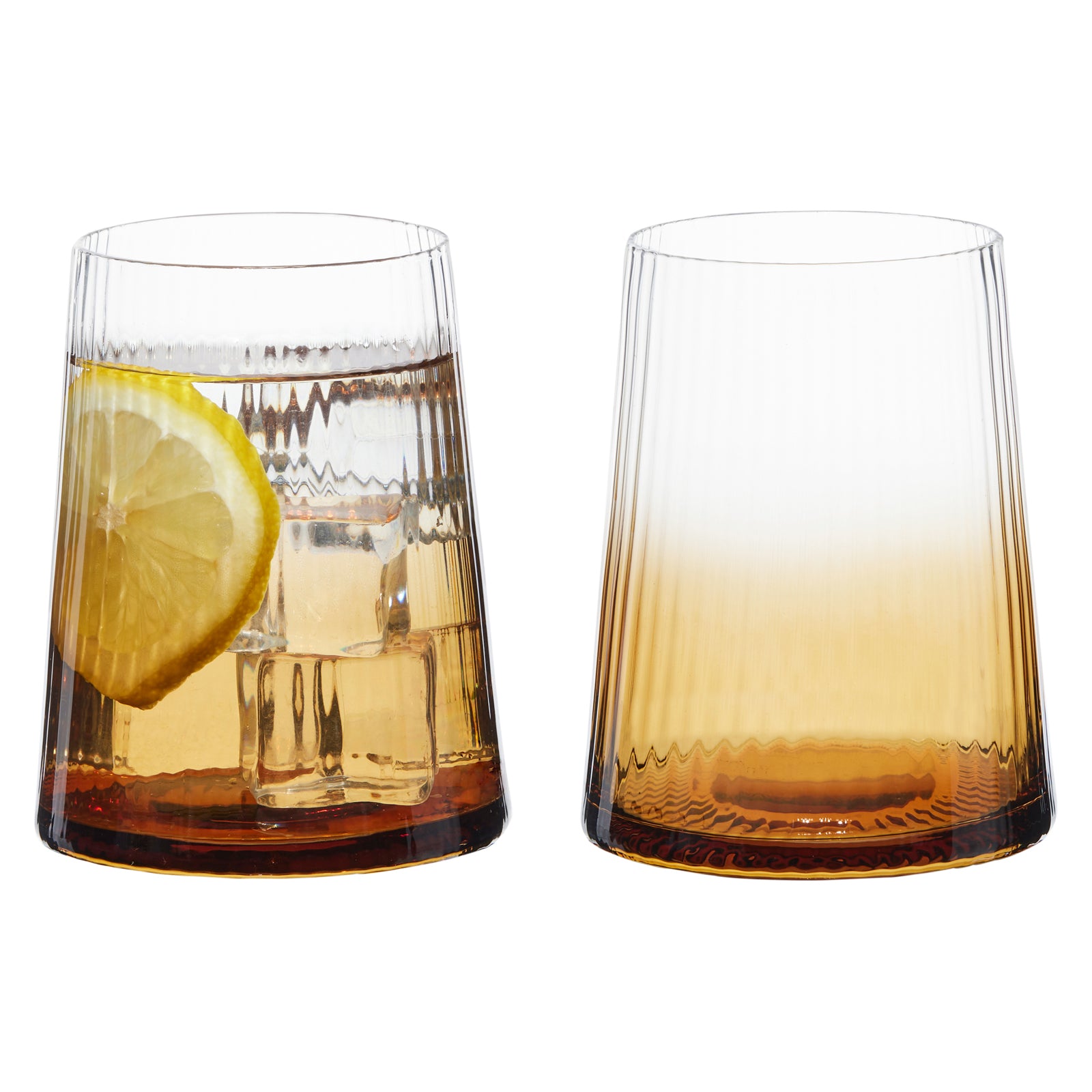 Anton Studio Designs Empire Amber Ribbed Double Old Fashioned Glasses, Set of 2