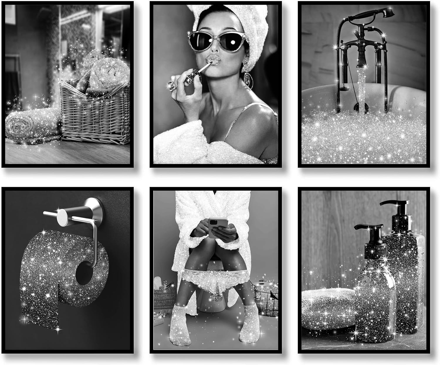 Set of 6 Black and White Glam Glitter Canvas Posters Pictures Photos Artwork Modern Women Funny (Black and White, 8