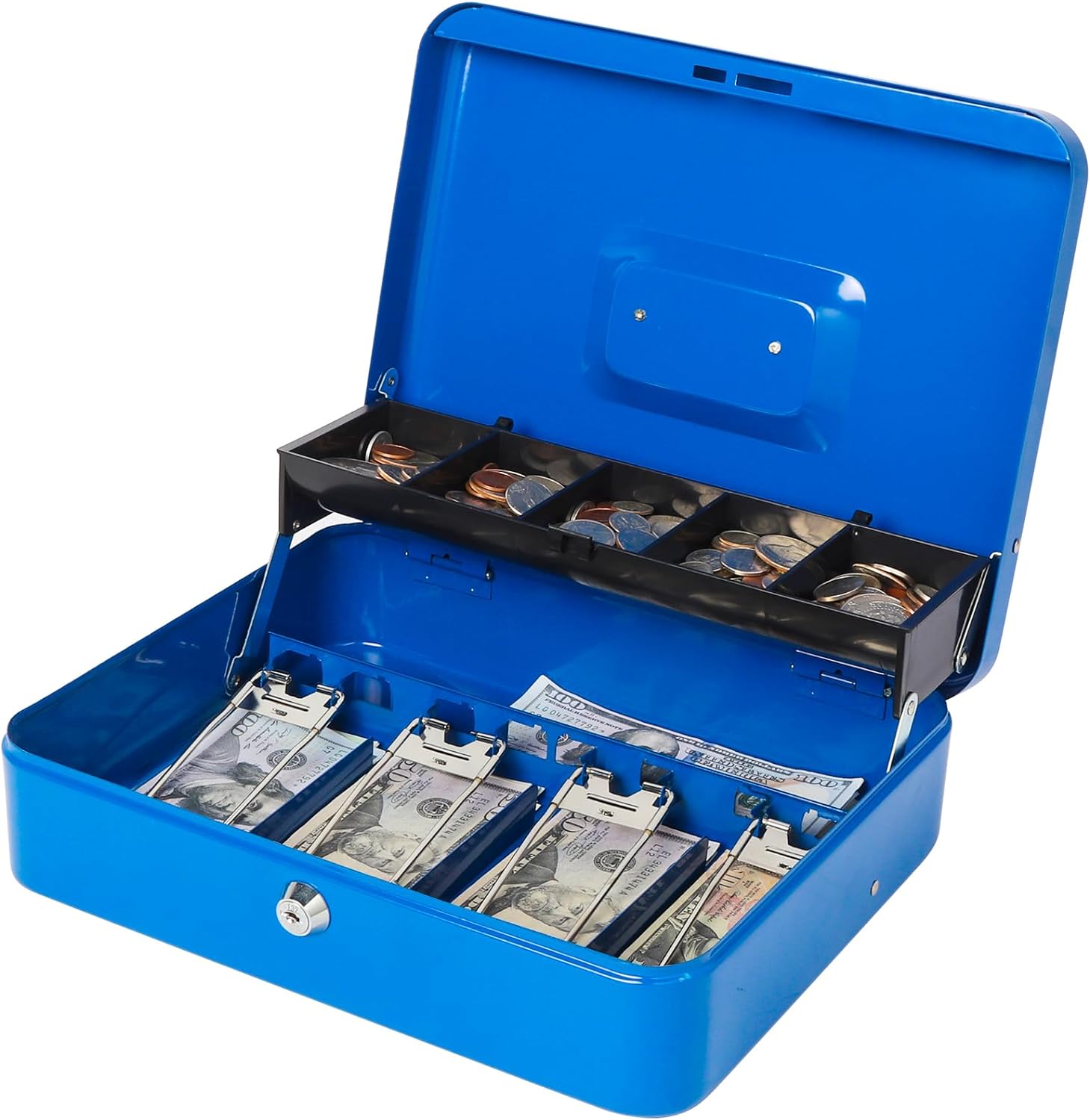 Locking Large Metal Cash Box with Money Tray, Lock Money Box with Key, Blue