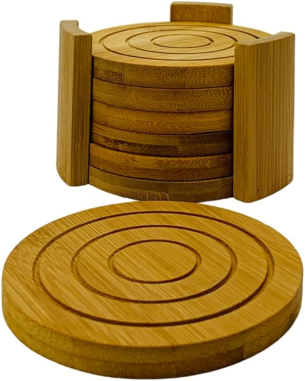 Bamboo Drink Coaster Set with Holder Coasters for Coffee Table, 6 pcs Set, 4.3 x 0.4 inch, 1 Set