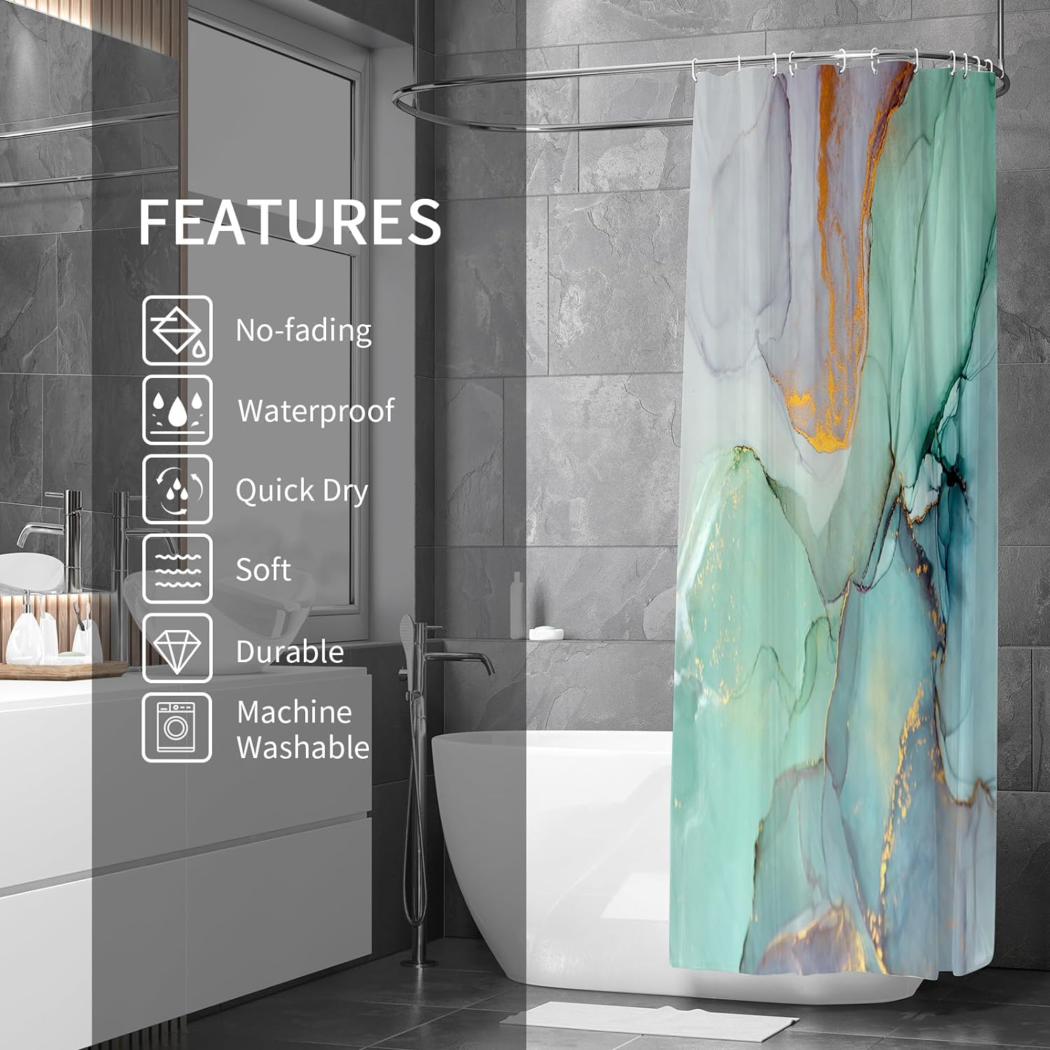 Abstract Marble Shower Curtain, Blue Green Purple Jade Texture Gold Stripes Ombre Bathroom Set with Hooks, 71 x 71