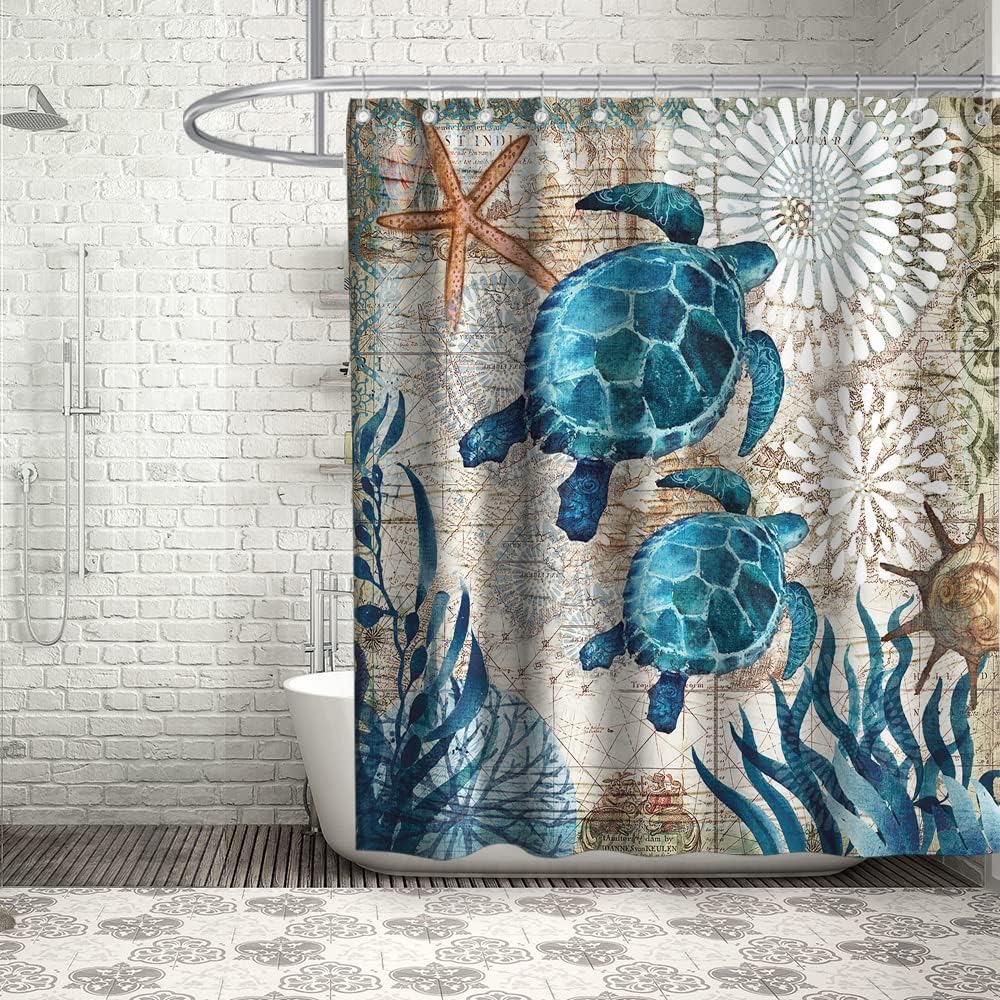 Nautical Green Sea Turtles Beach Theme Fabric Shower Curtain Sets, 72 x 72 Inch Teal