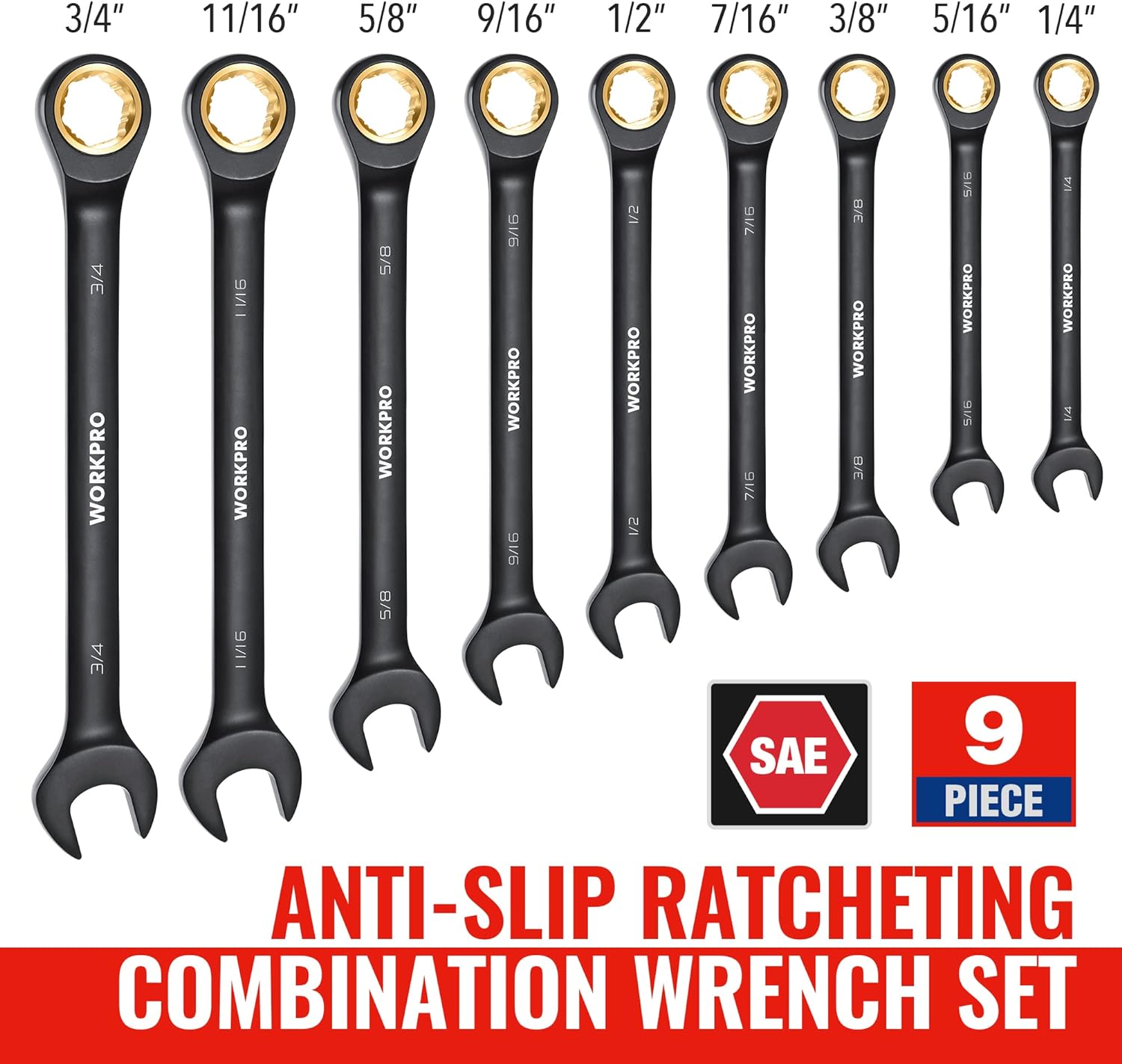 9-Piece Anti-Slip Ratcheting Combination Wrench Set, SAE 1/4