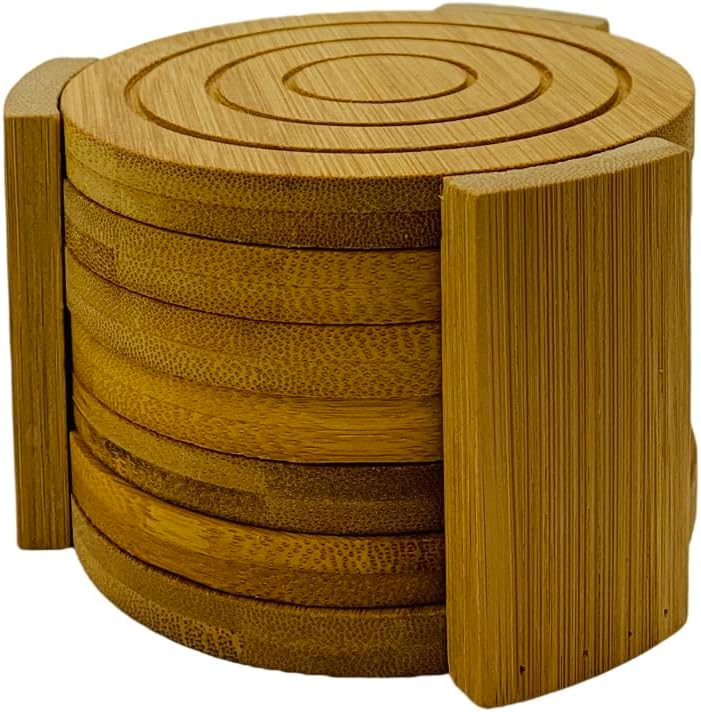 Bamboo Drink Coaster Set with Holder Coasters for Coffee Table, 6 pcs Set, 4.3 x 0.4 inch, 1 Set