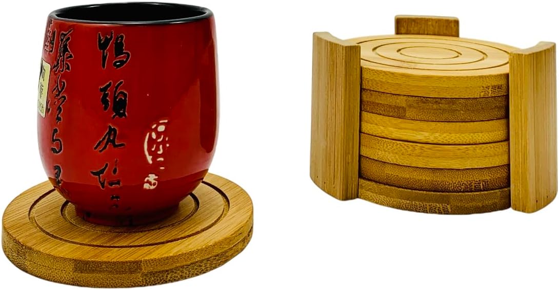 Bamboo Drink Coaster Set with Holder Coasters for Coffee Table, 6 pcs Set, 4.3 x 0.4 inch, 1 Set