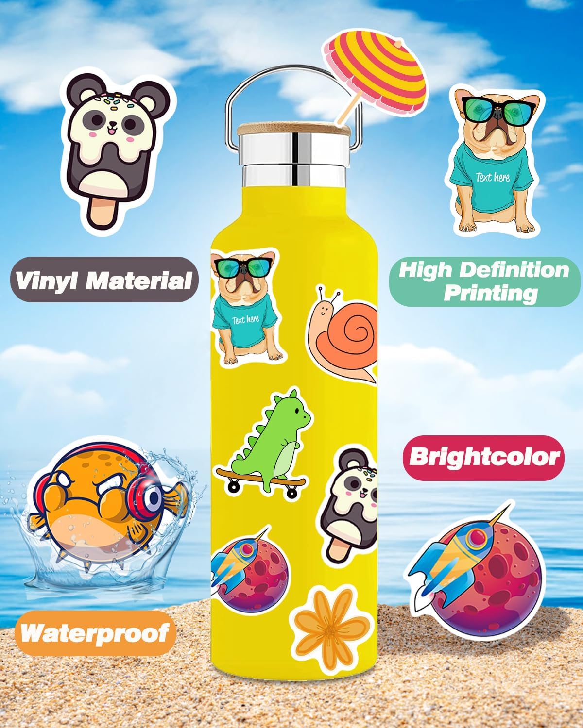 600Pcs Water Bottle Stickers for Teens, Cute Vinyl Waterproof Aesthetic Scrapbook