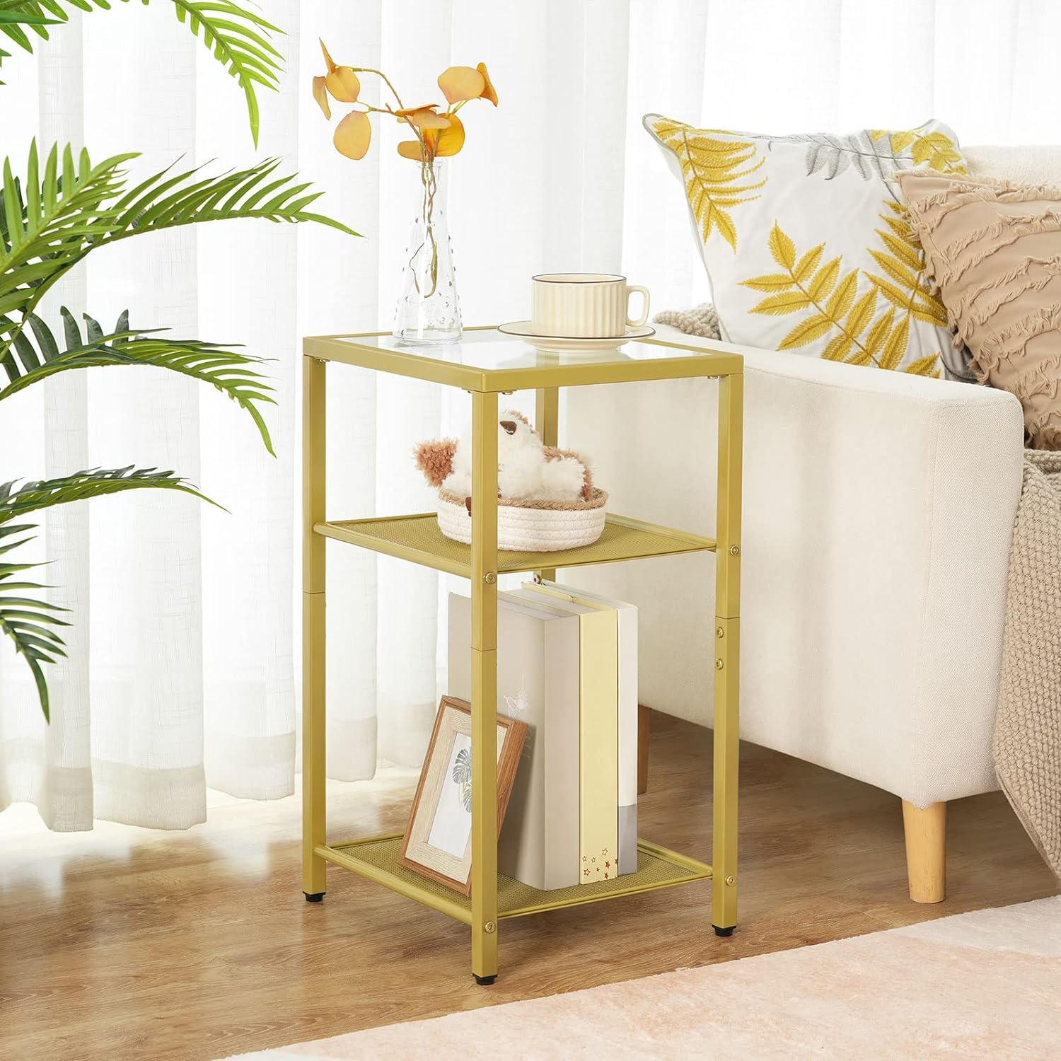 3-Tier Slim Nightstand with Storage Shelves, Modern End Table, Gold