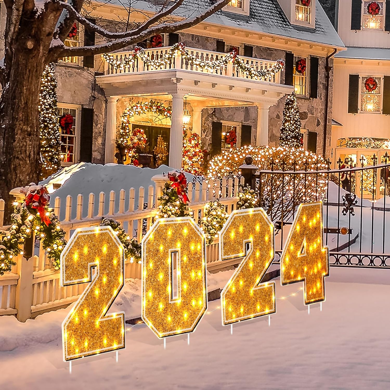 Christmas Happy New Year Decorations Outside Number 2024 Yard Signs with LED String Light