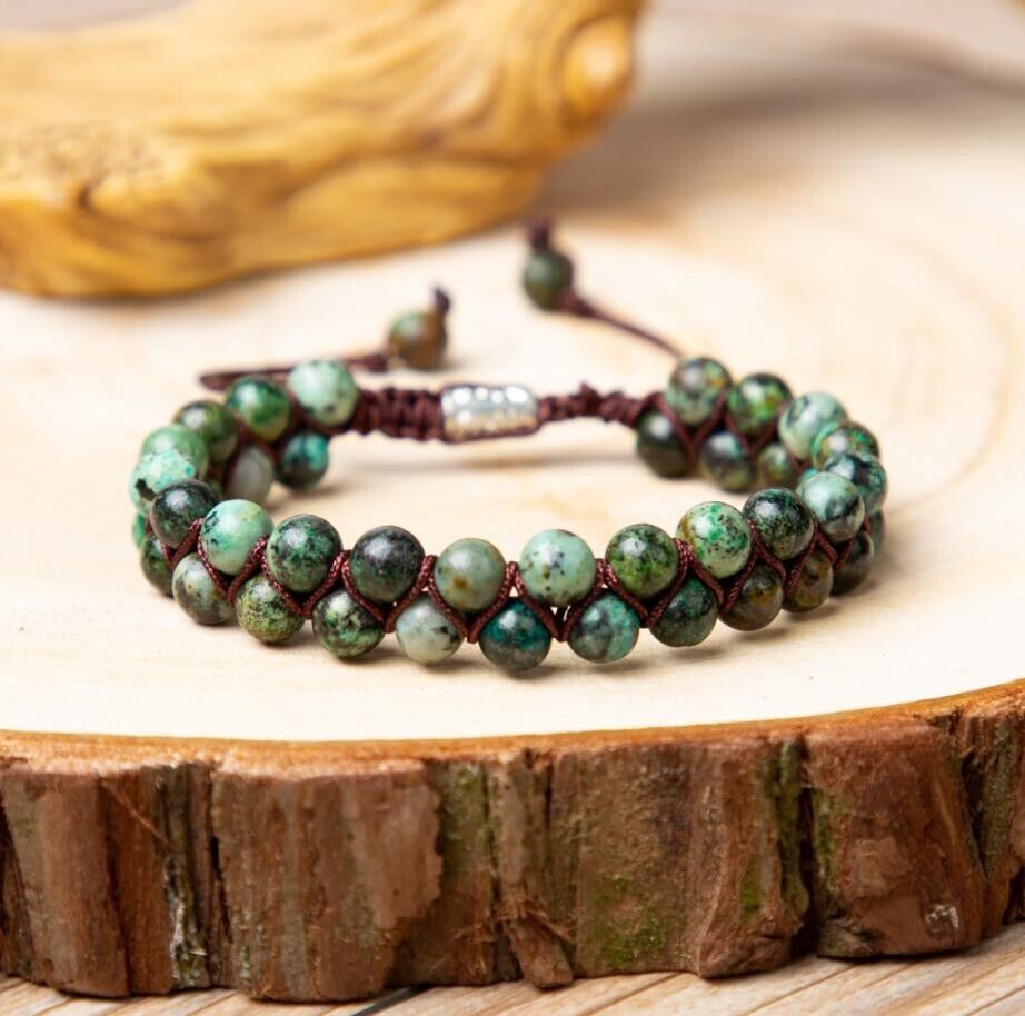 Handmade Braided African Turquoise Round Bead Healing Women Men Bracelet Gift