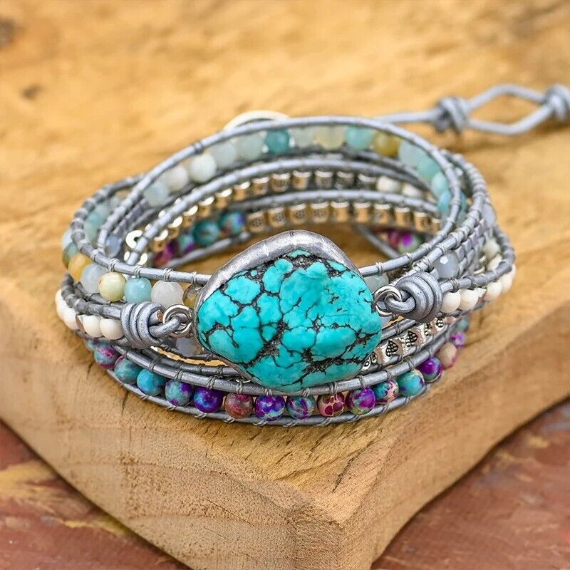 Natural Turquoise Bohemian Handmade Healing Reiki Women Wrap Bracelet Xmas Gifts
