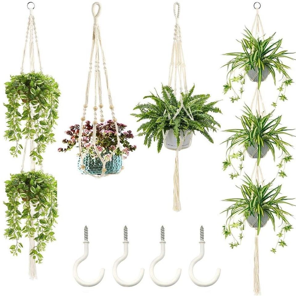 4 Pack Macrame Plant Hangers with Hooks, In a different Planter for Boho Home Decor