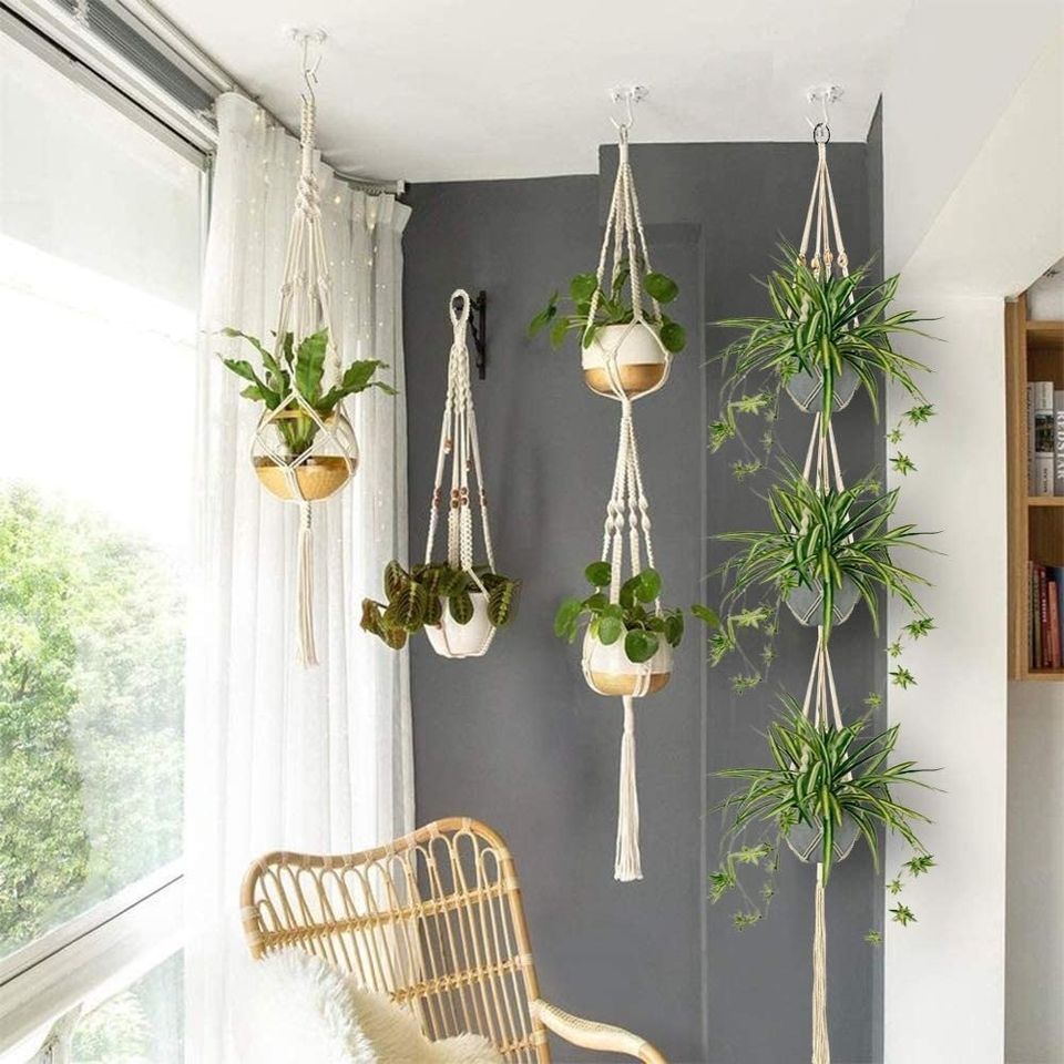 4 Pack Macrame Plant Hangers with Hooks, In a different Planter for Boho Home Decor