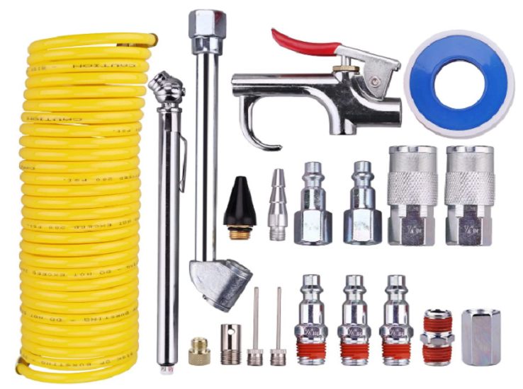 Air Compressor Kit, 1/4 Inch NPT Air Tool Kit with 1/4 Inch x 25Ft Coil Nylon Hose/Tire Gauge
