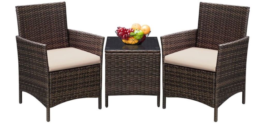 Outdoor Furniture Set Patio Porch Chairs with Storage Side Table, Rattan Cushioned Set 3-Piece