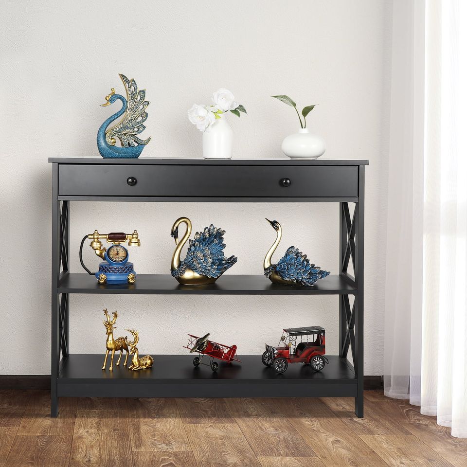 Console Table with 2 Drawers Storage Shelf Black Sofa Table Hallway Furniture