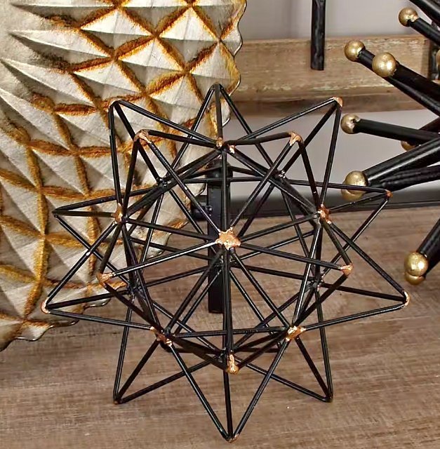 Black Metal Geometric Sculpture with Gold Accents