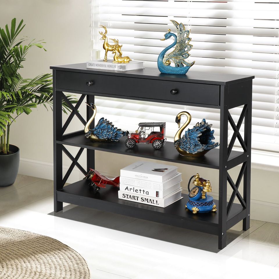 Console Table with 2 Drawers Storage Shelf Black Sofa Table Hallway Furniture