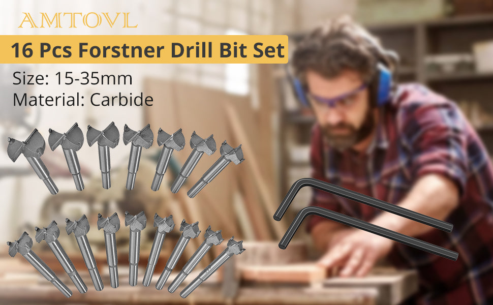 AMTOVL Forstner Drill Bit Set 16 Pcs Carbide Forstner Bits 15-35mm