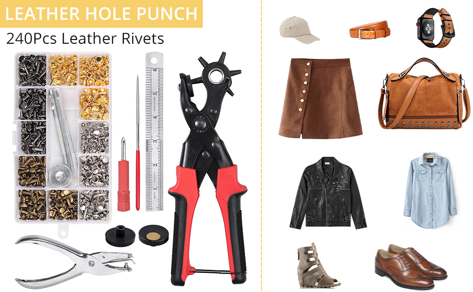 AMTOVL Leather Hole Punch Tool & 240Pcs Leather Rivets