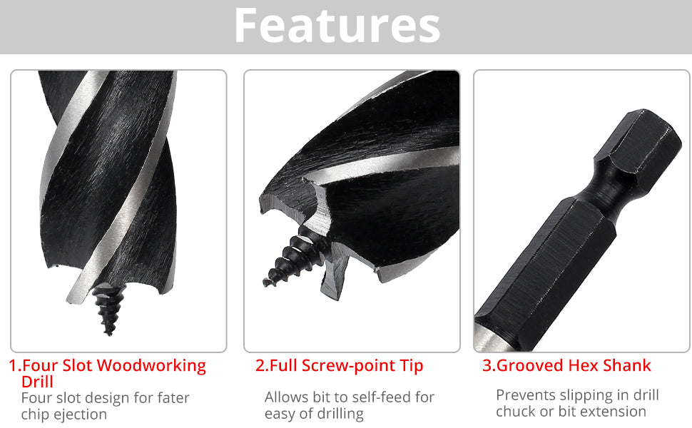 AMTOVL 8pcs Four Slot Wood Drill Bit