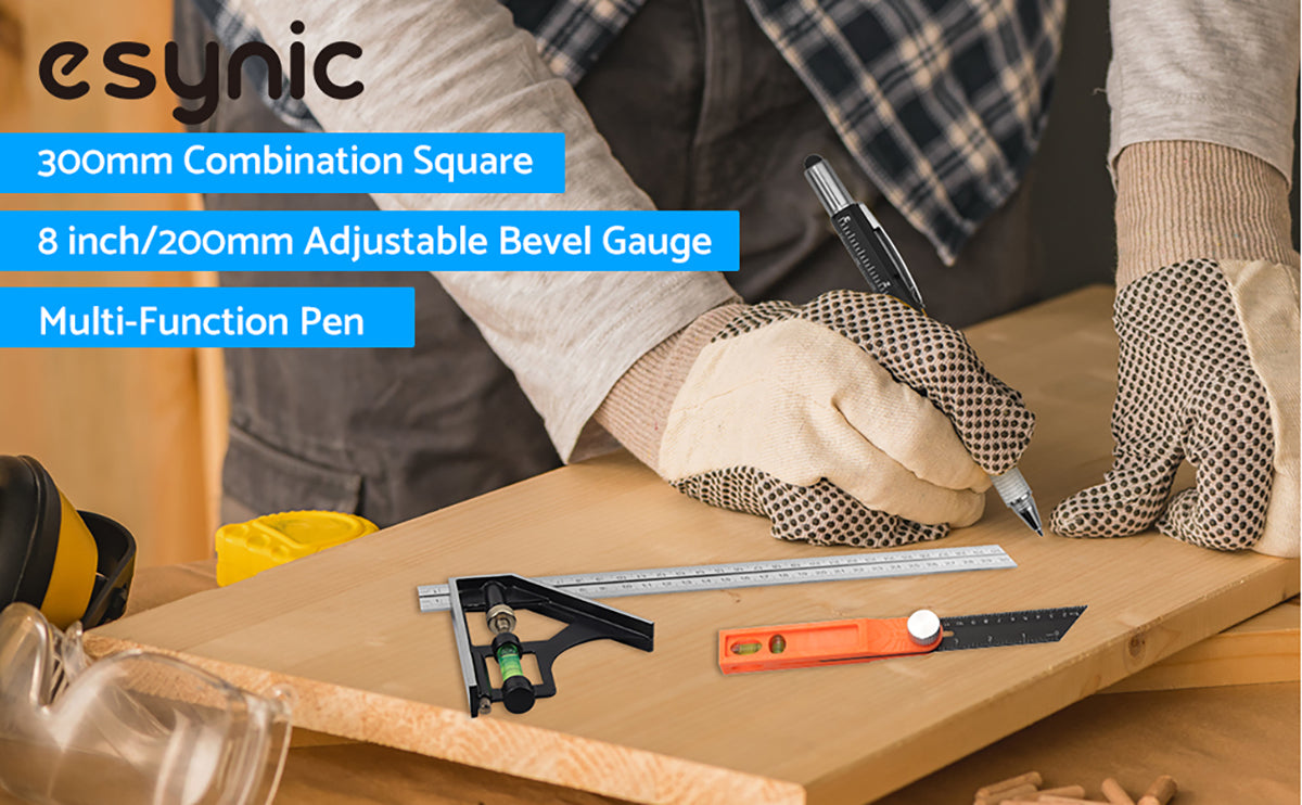 eSynic Professional 2Pcs Carpentry Squares Set 300mm Combination Square and 8-Inch Adjustable Sliding Bevel Gauge