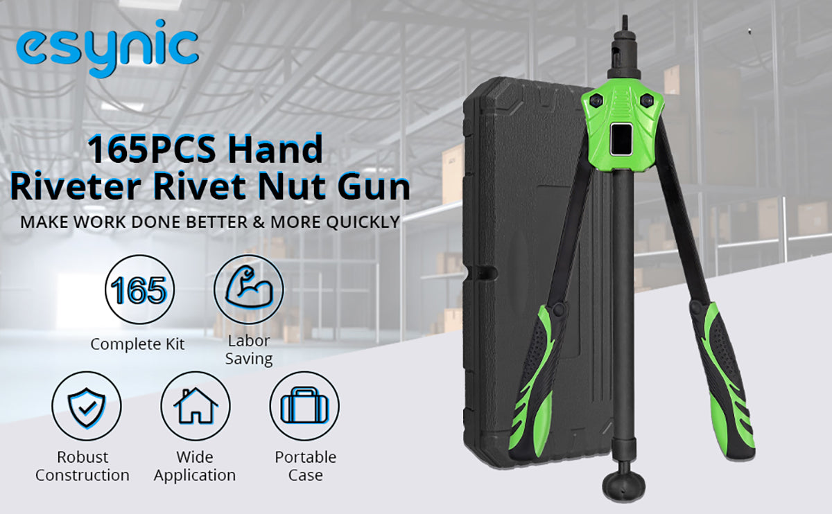 eSynic 14" Heavy Duty Hand Rivet Nut Gun with 165pcs Nuts Setting System