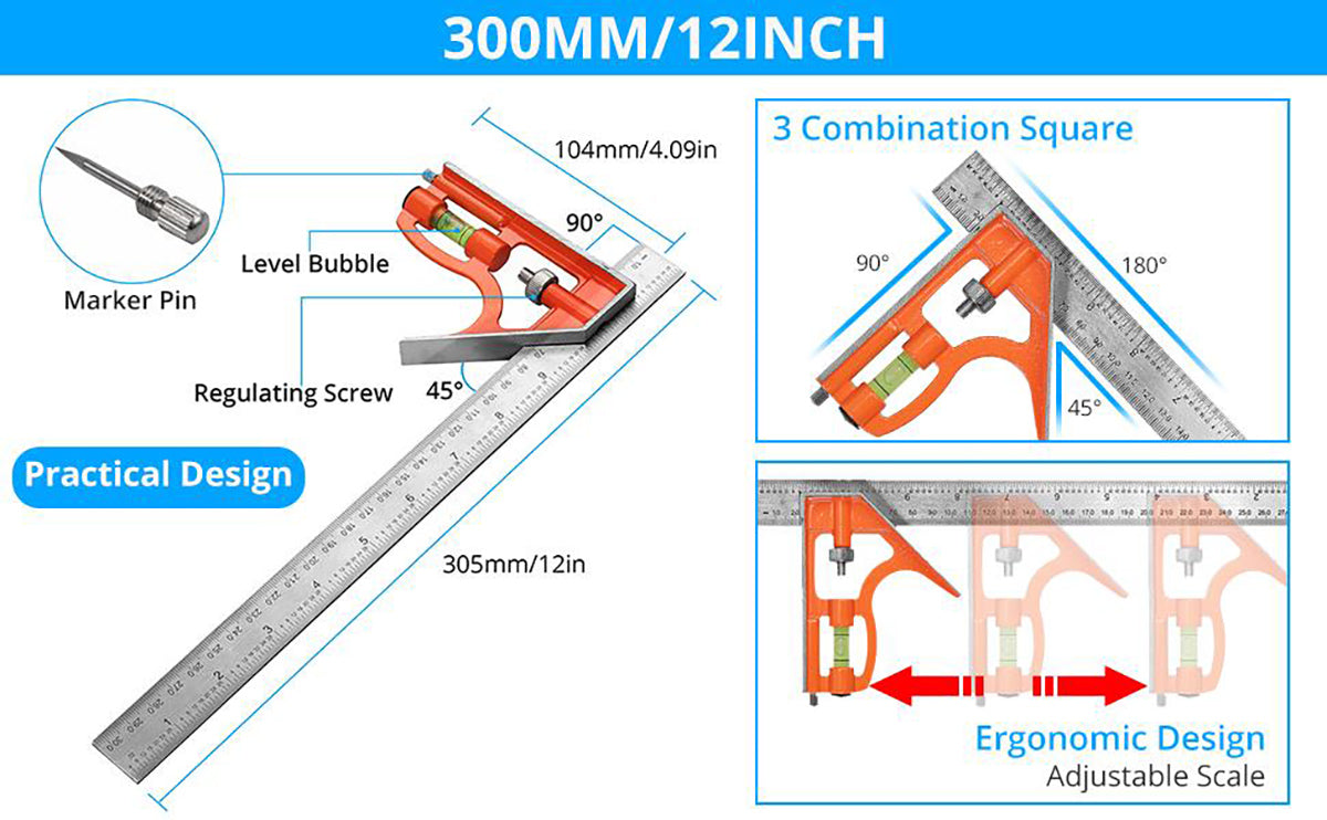 eSynic 2Pcs Carpentry Squares Set, 300mm Zinc Alloy Combination Square and 9Inch/230mm Adjustable Bevel Gauge
