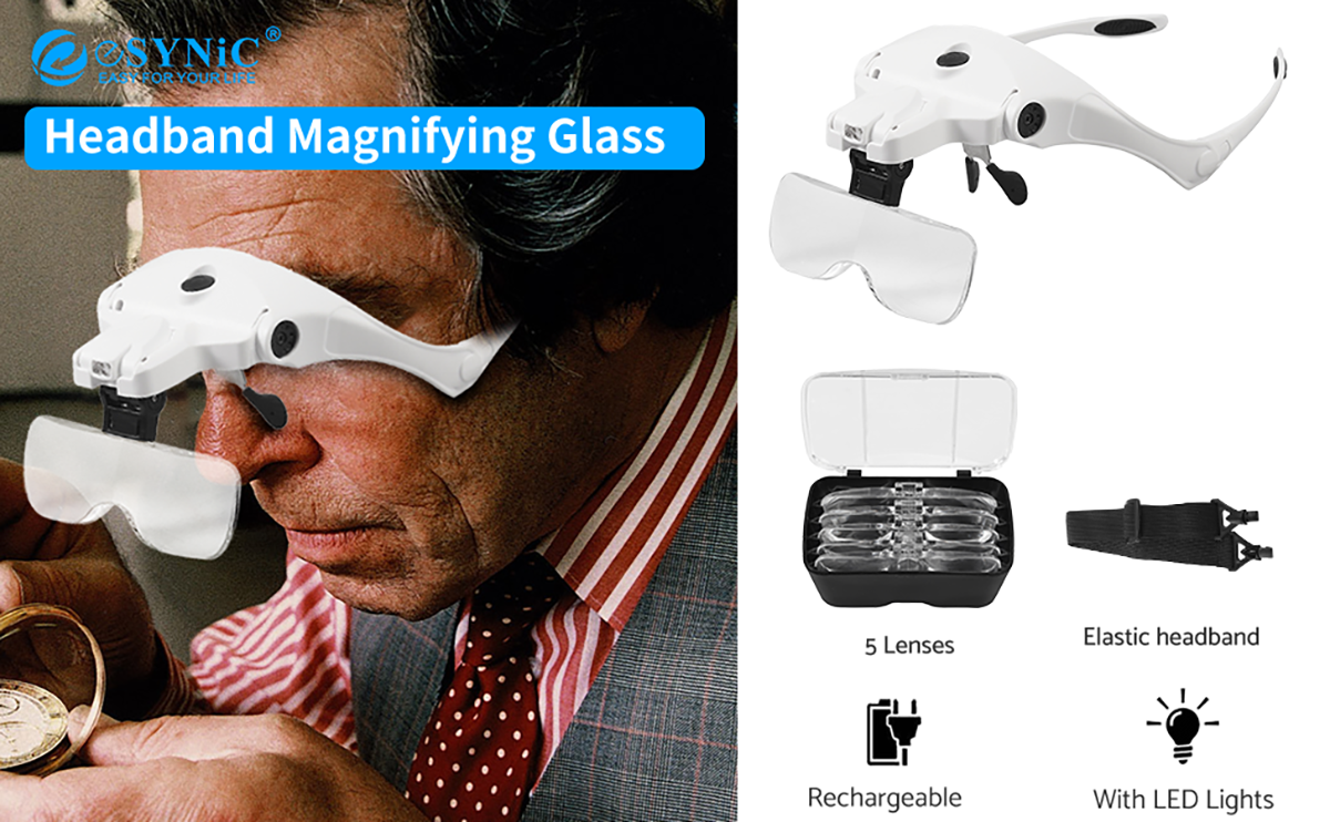 eSynic LED Headband Magnifying Glass USB Charging Handsfree