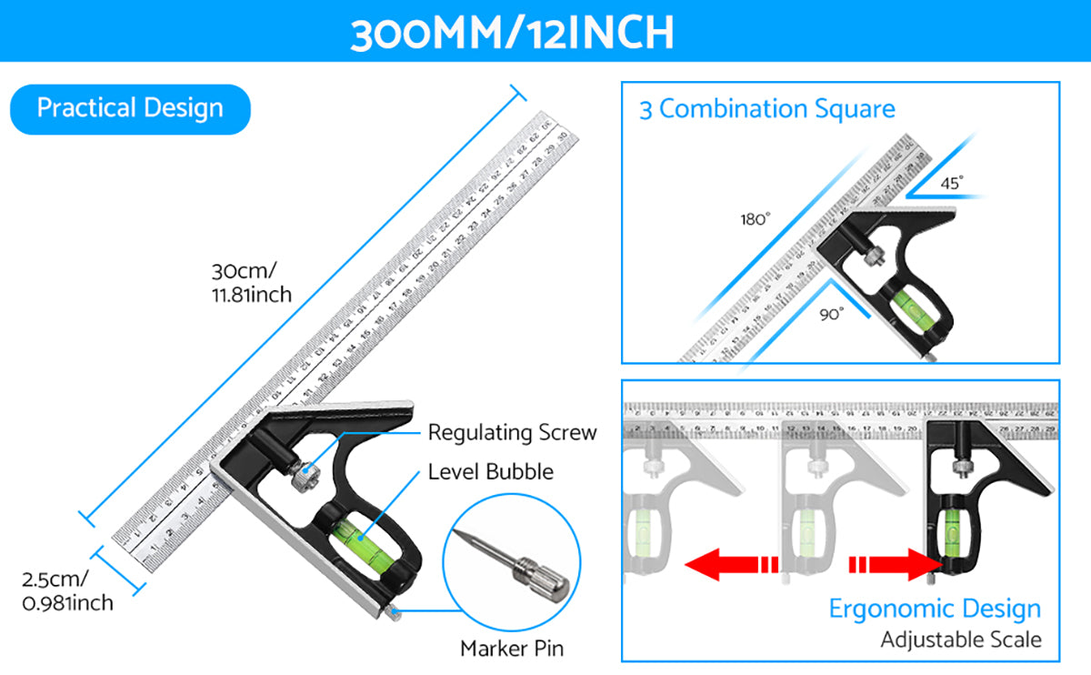 eSynic Alloy Combination Square Capentry, 12 Inch/300mm Combination Square Set