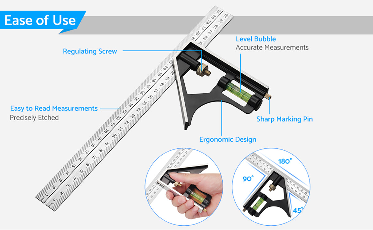 eSynic Professional 2Pcs Carpentry Squares Set 300mm Combination Square and 8-Inch Adjustable Sliding Bevel Gauge