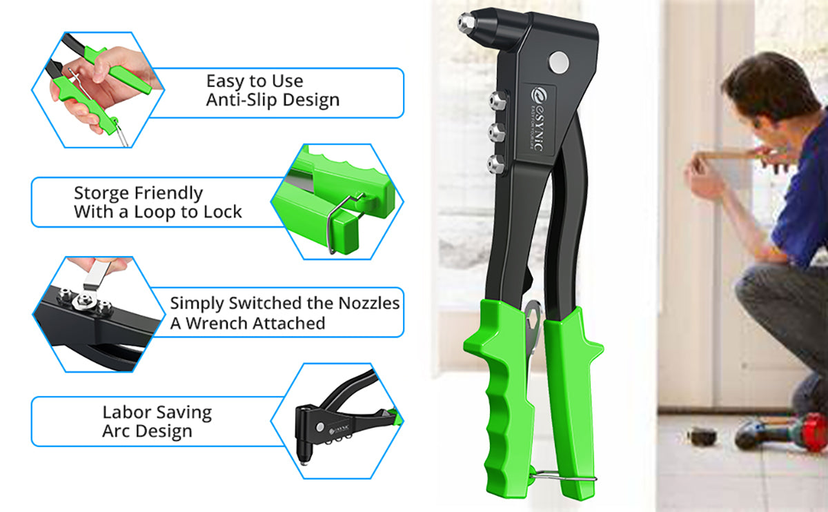 eSynic Professional Green Pop Hand Riveter Set Heavy Duty with 200pcs