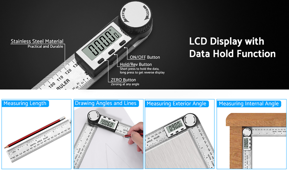 eSynic Digital Protractor 8 Inch/200mm Stainless Steel Electronic Angle Finder Ruler