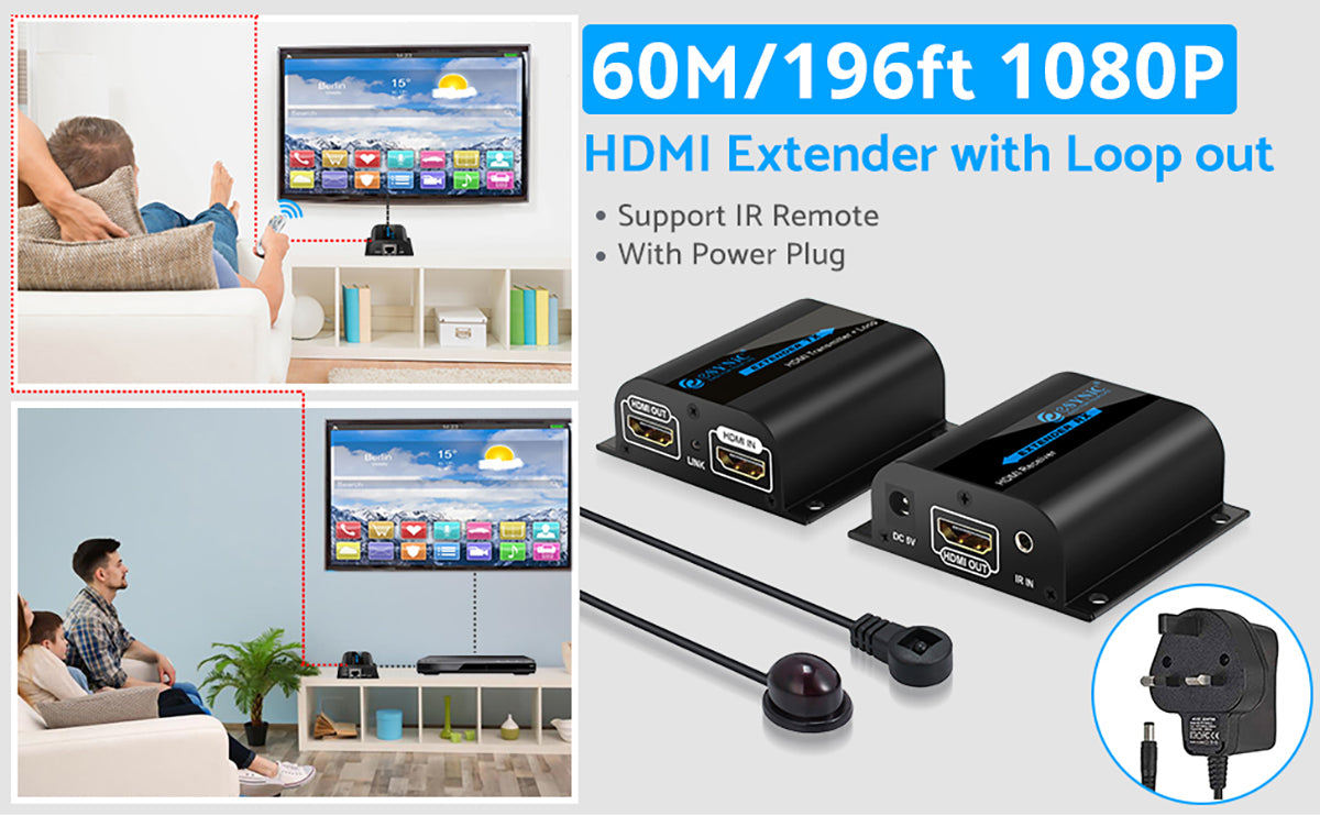 eSynic 1080P 60m HDMI Ethernet Network Extender with 2 Port HDMI Splitter