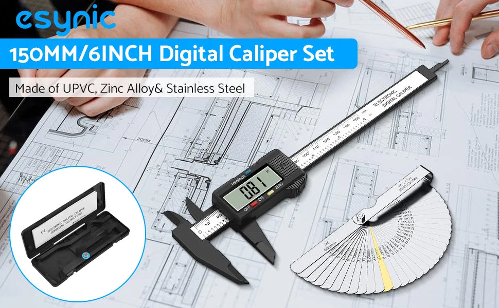 eSynic Digital Vernier Caliper 6Inch/150mm with 32 Blade Feeler Gauge