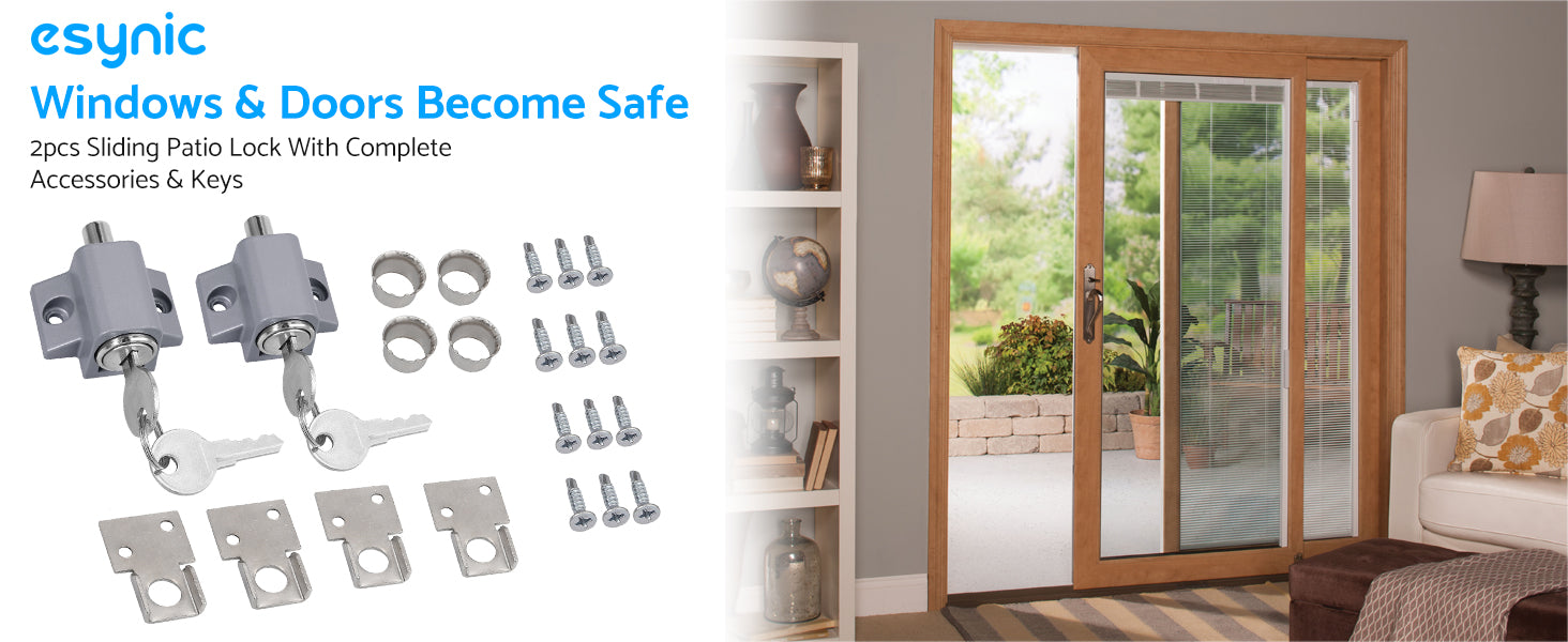 eSynic 2Pcs Sliding Door Lock Sliding Patio Door Latches Set - Silver