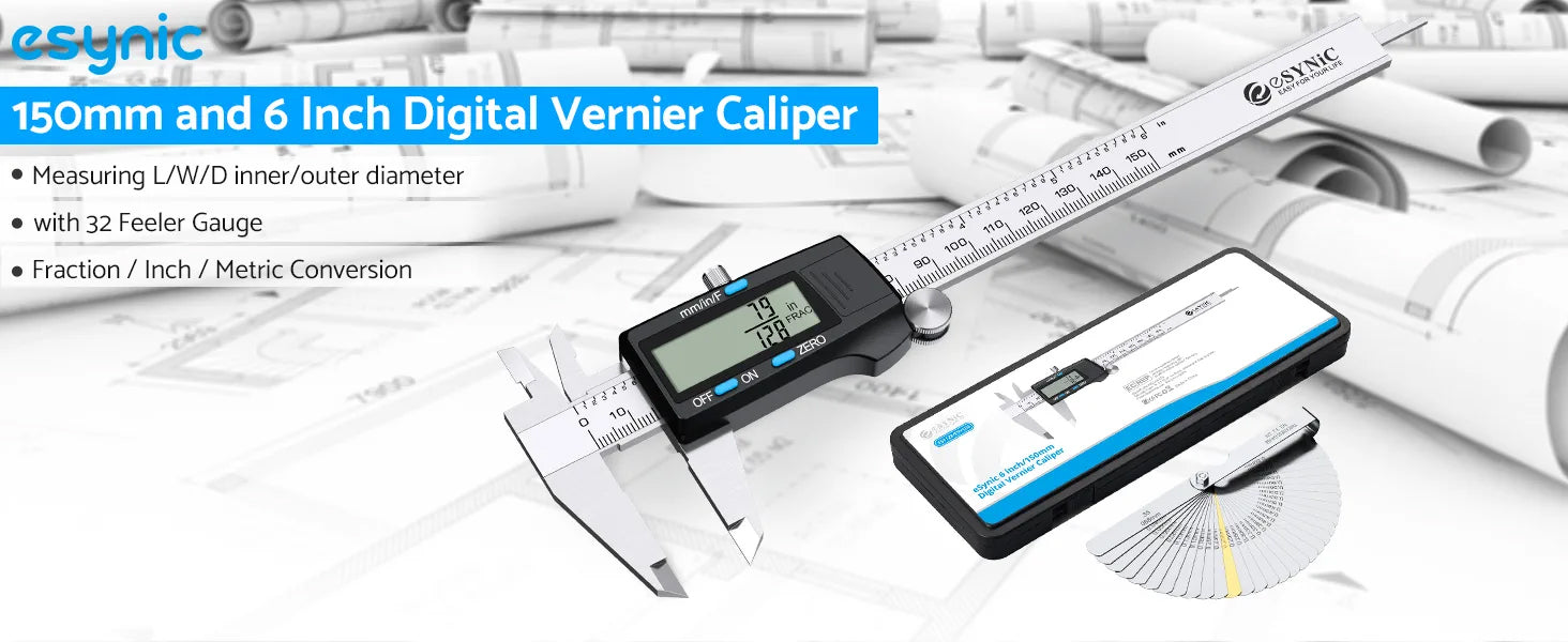 eSynic Digital Vernier Caliper with 32 Blade Feeler Gauge 150mm/6Inch
